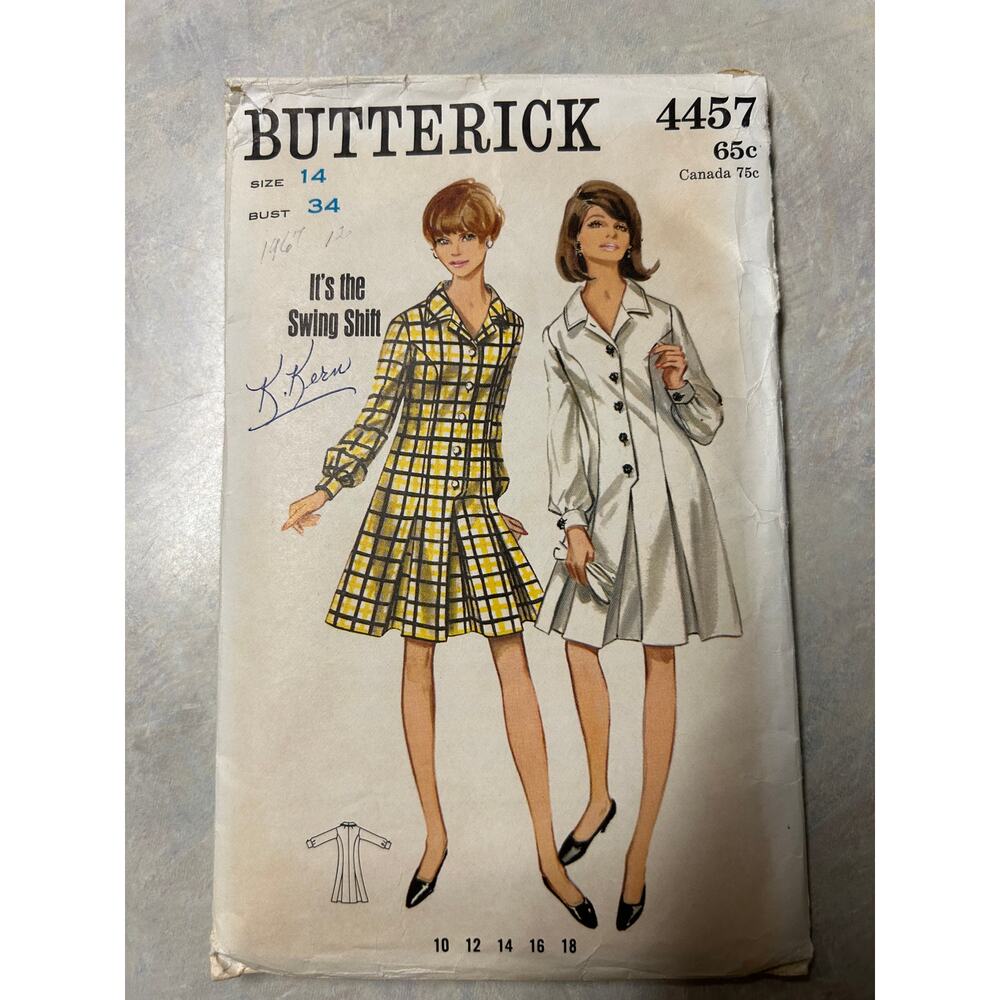 Vintage 1960's Butterick Pattern #4457 Step in Swing Shift Shirtdress Size 14